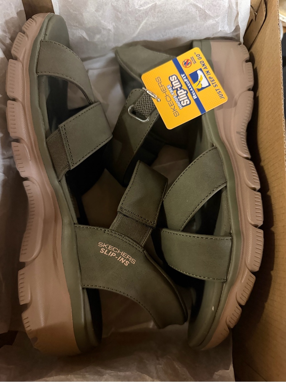 Skechers Slip-Ins Olive Green Strap Sandals with Tan Sole
